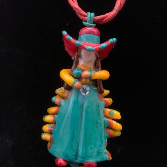 Vintage Lampwork Glass Cowgirl Pendant Necklace Western Statement Handmade - Picture 1 of 14